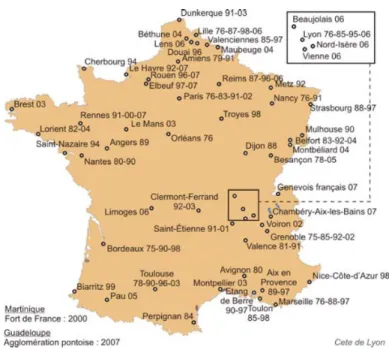 Fig. 6: Maps of household-trip surveys (EMD) in France from 1976 to 2007 