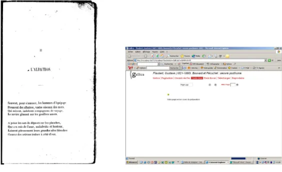 Figure 3.4 : à gauche, poème des Fleurs du Mal de Ch. Baudelaire (marques du livre) ; à droite,  message d’attente « votre page est en cours de préparation »