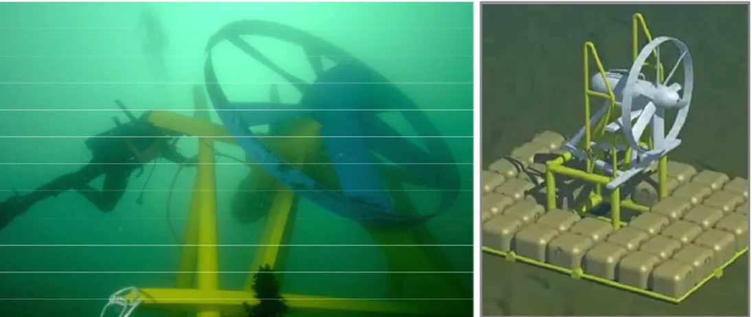 Figure 1. a) Hydrolienne Sabella D03 en immersion, b) Projet Sabella D10 