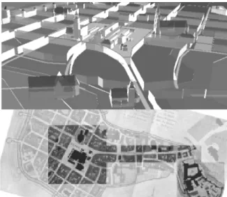 Figure 1 : The city of Kraków,  interpretative 3D interface, and situation in the city