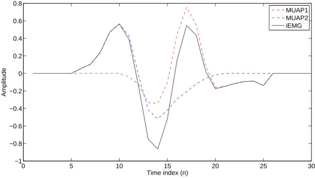 Figure 4.2 – Interpretation of F [n]: Red and blue dashed lines represent respectively two MUAP waveforms.