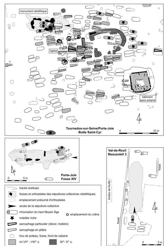 Fig 2 : Plans des trois sites présentant des phénomènes de réoccupation funéraire de monuments néolithiques au haut Moyen-Âge   (C