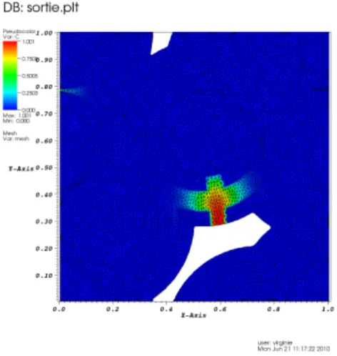 Figure 45: Ph´enom`ene de diffusion dans la fissure d’´epaisseur 18 µm au temps t = 10 s (pas de temps ∆t = 0, 2 s).