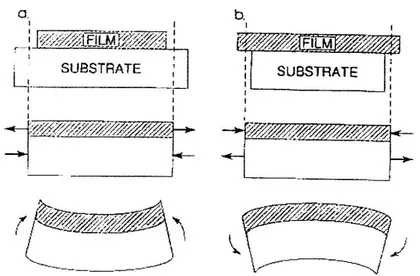 Figure II.10 : Les 2 types de contraintes existant au sein de films : (a) film en tension et (b)   film  en compression