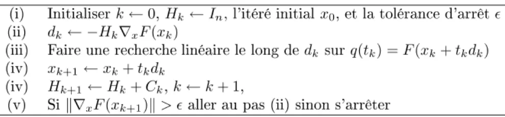 Tab. 2  Shéma numérique d'un algorithme de quasi-Newton