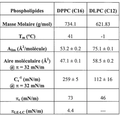 Tab. 3.1 : Informations physiques et paramètres pouvant être obtenus à partir des isothermes it-A des monocouches Langmuir pures de DPPC et DLPC.