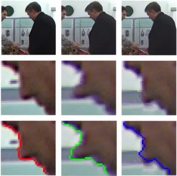 Figure 3.1 – Failure examples of using point-to-point metrics for synthesized views. Rows:(from up to down) : Part of the images for better observation; Patches from images; Extracted contours of patches