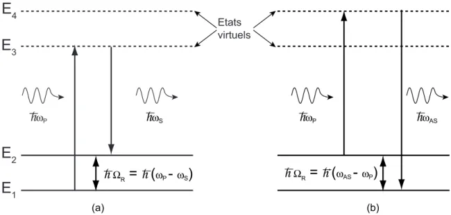 Fig. 1.3 Diagramme d’´energie d´ecrivant les m´ecanismes de diffusion Raman Stokes (a) et anti- anti-Stokes (b).