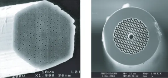 Fig. 2.2 Images MEB de la section transverse de la premi`ere fibre photonique ` a cœur plein (` a gauche) d’apr`es [12] et d’une fibre ` a cœur creux fabriqu´e par Blazephotonics dont l’image a ´et´e r´ealis´ee ` a l’institut FEMTO-ST et (` a droite).