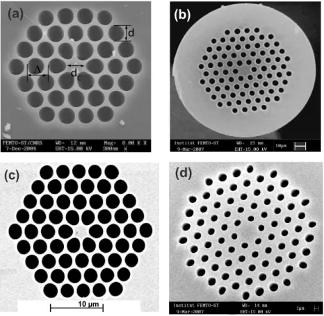 Fig. 2.9 Images MEB r´ealis´ees ` a l’institut FEMTO-ST des sections transverses de quelques fibres photoniques utilis´ees : (a) PCF4P, (b) PCF70, (c) PCF6 et (d) PCF12.