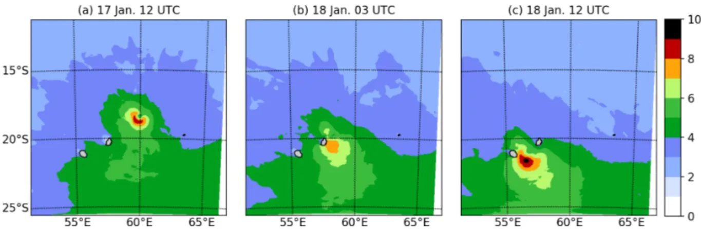 Figure 9: Hauteur significative des vagues (m) lors du passage de Berguitta au plus proche de l’ˆıle Maurice (a) le 17 janvier 2018 ` a 12 UTC, (b) le 18 janvier 2018 ` a 03 UTC et (c) le 18 janvier 2018 ` a 12 UTC.