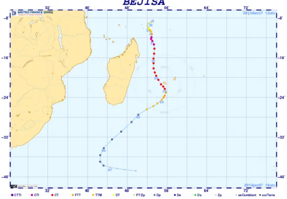 Figure 1: Trajectoire du cyclone tropical Bejisa. Chaque point correspond ` a la position analys´ ee du syst` eme toutes les 6 heures