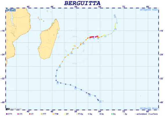 Figure 2: Trajectoire du cyclone tropical intense Berguitta. Chaque point correspond ` a la position analys´ ee du syst` eme toutes les 6 heures