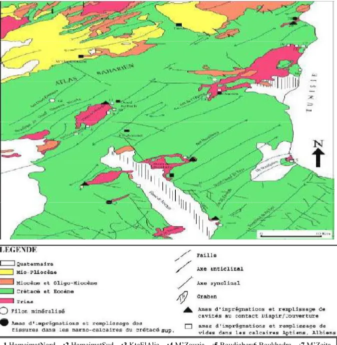 Figure 11: Inventaire des indices minéralisés des confins algéro-tunisiens Selon classification  d’Aoudjhane (1991) 