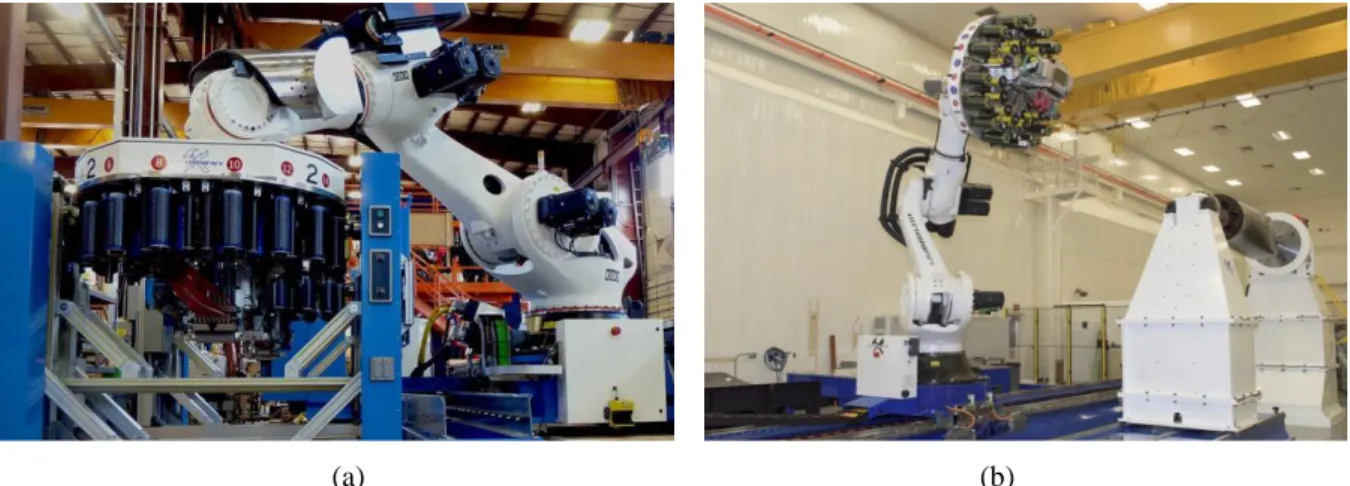 Figure 13 (a) Robot-based AFP system with modular head developed by Electroimpact, ©Electroimpact       (b) Robot-based AFP system in the Composites Technology Center of NASA, ©NASA 