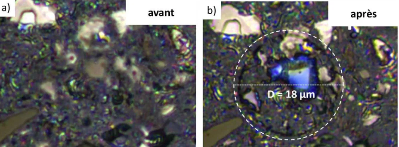 Figure II - 7 : Vue au microscope optique de la surface de la résine (bakélite), a) avant indentation et b) après  indentation