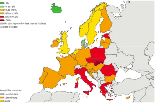 Figure 2 – Proportion de souches isolées de  Pseudomonas  résistantes aux  fluoroquinolones en Europe en 2013 (ECDC 2014) 