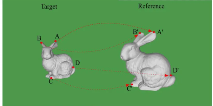 Figure 3.14 The corresponding points on the surface of two 3D objects (Stanford Bunny [52]) 