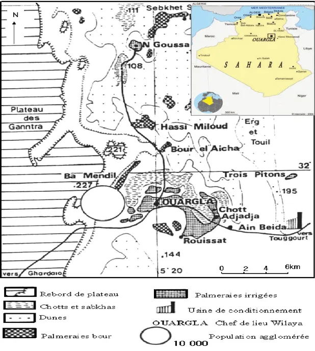 Figure N 0 : 02 : Situation géographique de Ouargla. (DUBOST 2002)