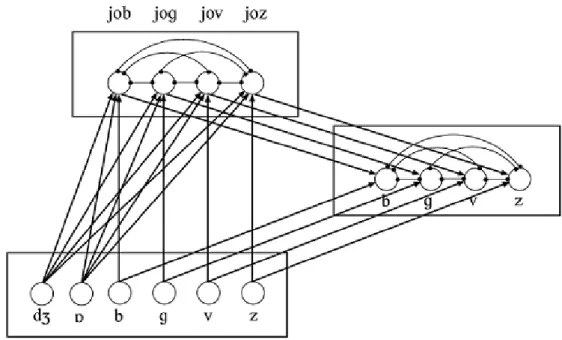 Figure 5 : Le modèle M ERGE  (Norris et al., 2000). Deux catégories d’informations sont disponibles à la sortie du traitement : la prise de décision (le niveau d’activation des nœuds de la couche de droite) peut aussi bien reposer sur le niveau d’activatio