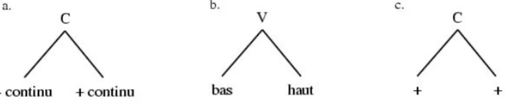Figure 10 : Représentations non-linéaires décrivant les phénomènes (a.) d’affrication, (b.) de tons montants ou descendants appliqués à un phonème unique ou (c.) de gémination.