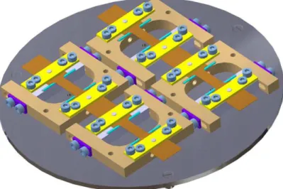 Figure 2.7: Four pre-tensile specimens mounted on the carriage plate for ion-beam sputtering (NORDIKO)