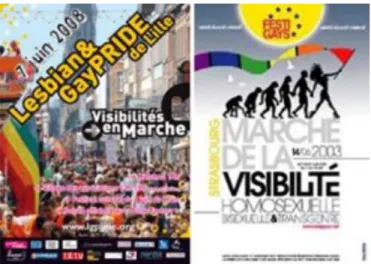Figure 1 : Etre visibles. Affiches des Gay Prides de Lille en 2008 et Strasbourg en 2003  (source : www.lorrainegay.com) 
