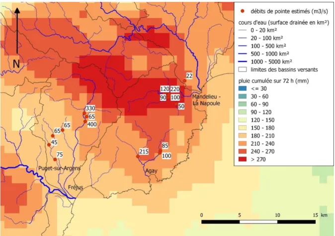 Figure 1. Cumuls de pluie enregistrés sur 72h lors de l’événement du 22/11/2019 00h TU au 25/11/2019 00h  (source lame d’eau Antilope J+1, Météo France) et position des points d’estimation des débits de pointe 