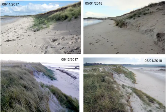 Figure 7 – Erosion du cordon dunaire de la plage du Curnic lors de la tempête Eleanor du 3-4  janvier 2018 janvier (photos du haut) ; érosion du cordon dunaire de la plage du Vougot, au niveau de 