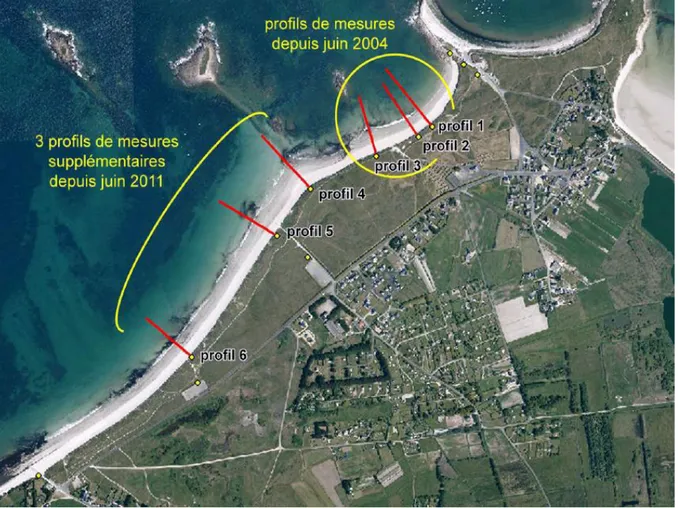 Figure 2. Localisation des six radiales de mesures de profils de plage / dune sur le site du Vougot.