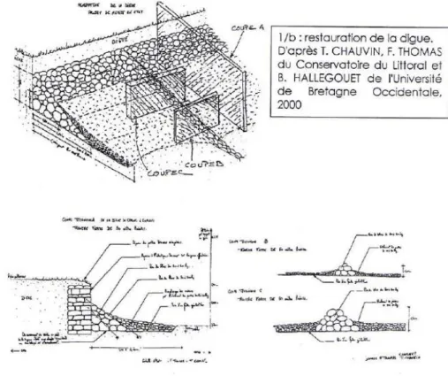Figure 5. Schéma des travaux menés sur la digue entre 2000 et 2001 (Hallegouet, 2000)  En plus de la digue, une écluse a été érigée en 1834, cette écluse sert à évacuer dans la baie  les eaux de ruissèlement et celles du marais