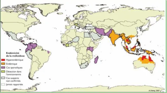 Figure 2: Répartition géographique des cas officiels de mélioïdose dans le monde 10