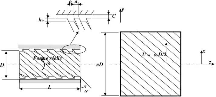 Figure II.7 Schéma du joint à  rainures hélicoïdales en configuration centrée 