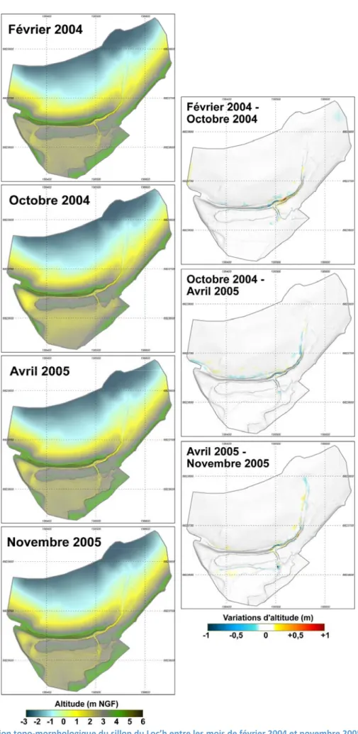 Figure 9. Evolution topo‐morphologique du sillon du Loc’h entre les mois de février 2004 et novembre 2005.   