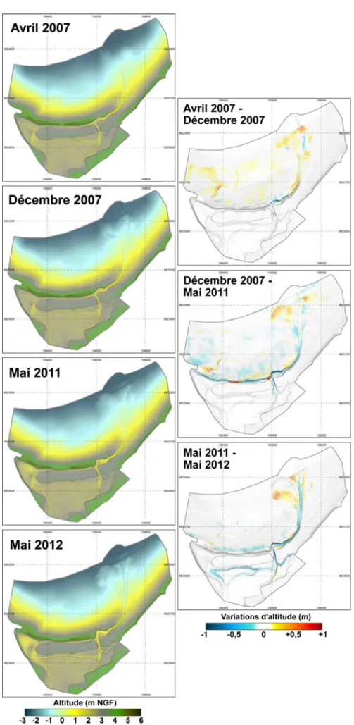 Figure 11. Evolution topo‐morphologique du sillon du Loc’h entre les mois d’avril 2007 et mai 2012.   