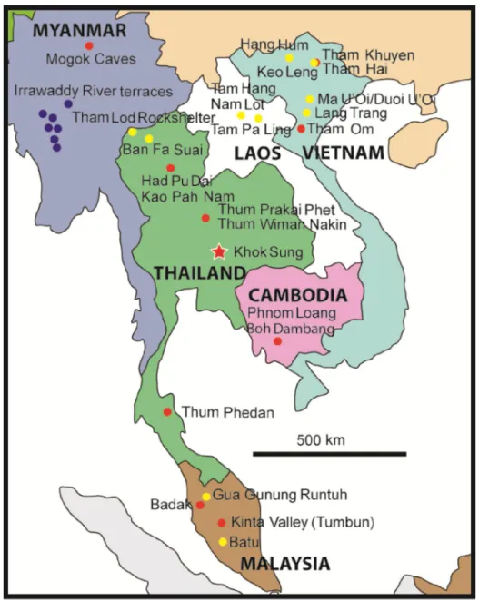 Figure  I.5. Map  of mainland Southeast  Asian  countries showing the location of  the Early  (blue), Middle (red) and Late (yellow) Pleistocene fossil sites