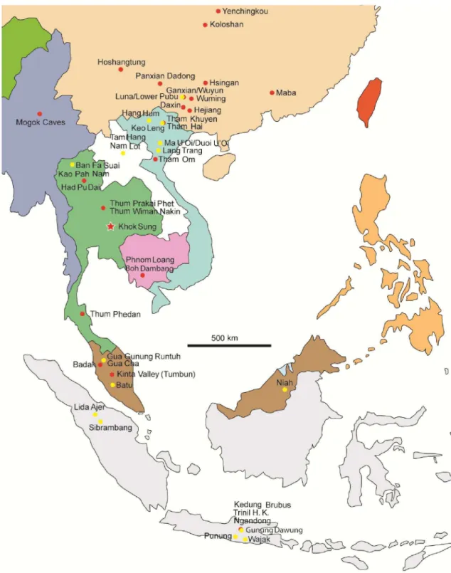 Figure 2.1. Map of Southeast Asia showing the location of the Khok Sung sand pit (star) and  other Middle (red circle) and Late (yellow circle) Pleistocene sites