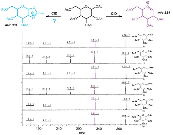 Figure 15 : Spectres CID obtenus à partir des glycosides peracétylés  sugg a t l ide tifi atio  de l'ion  oxocarbénium 