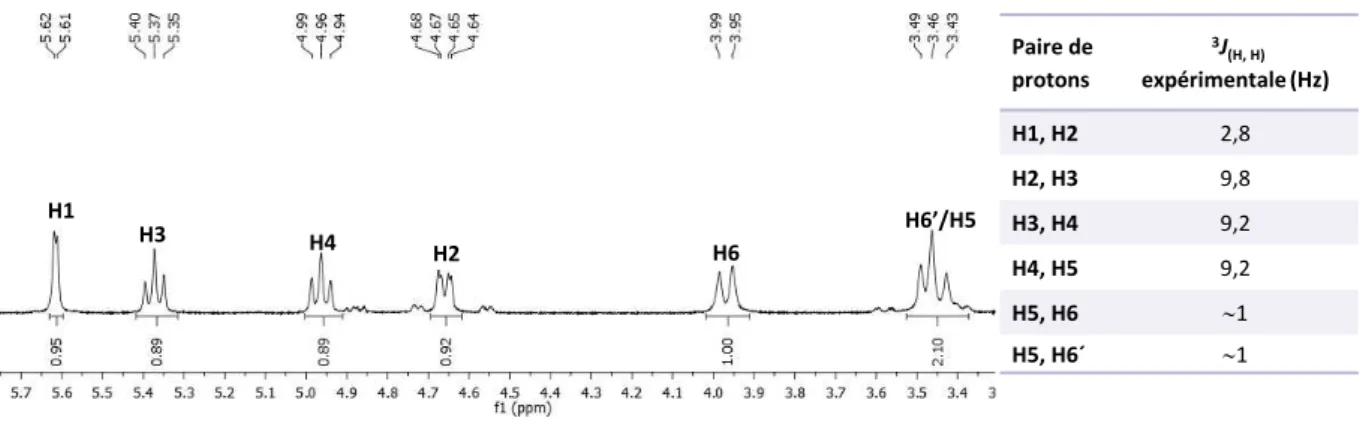 Figure 28 : Aggrandissement du spectre RMN  1 H et constantes de couplage  3 J H,H  observées pour chaque  p oto  de l io   .