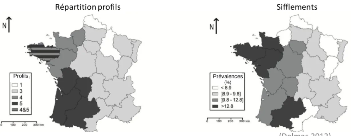 Figure présentant la répartition des profils des 3193 logements (étude EBRA Elfe) et la répartition des  sifflements chez 20 000 enfants (Delmas et al