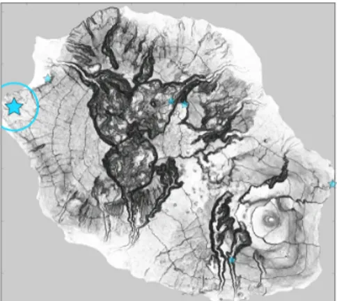 Figure 1: Localisation des bassins  associés aux résurgences de la  ravine Saint-Gilles décrites dans ce  site (fond topographique: carte IGN  TOP25 série bleue)
