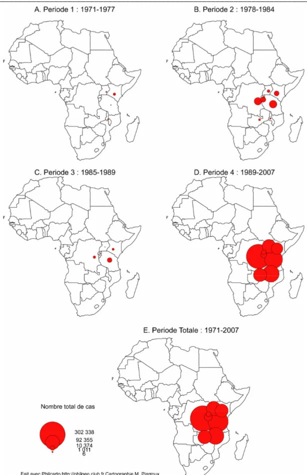 Figure 20 : Répartition spatiale du Choléra dans huit pays de la région  des Grands Lacs, de 1971 à 2007 