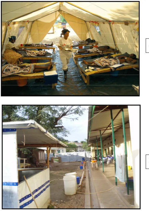Figure 16 : Centre de traitement de choléra en zone rurale et lacustre  (A) Un CTC temporaire en zone rurale,  