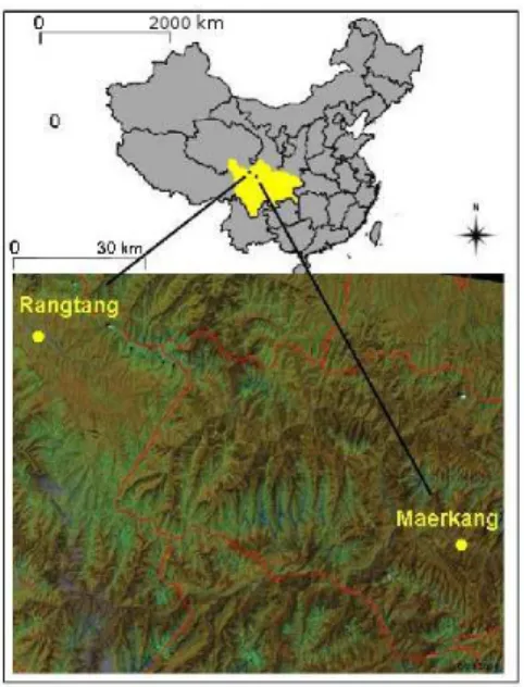 Figure 1: Geographical locations of Maerkang and Rangtang study areas in western Sichuan, China (datum: WGS84, projection: UTM 47N)