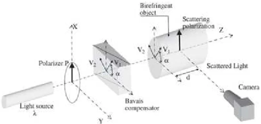 Figure I.18 – Schéma d’un polariscope modiﬁé pour l’étude des franges de Weller en utilisant la technique de déphasage