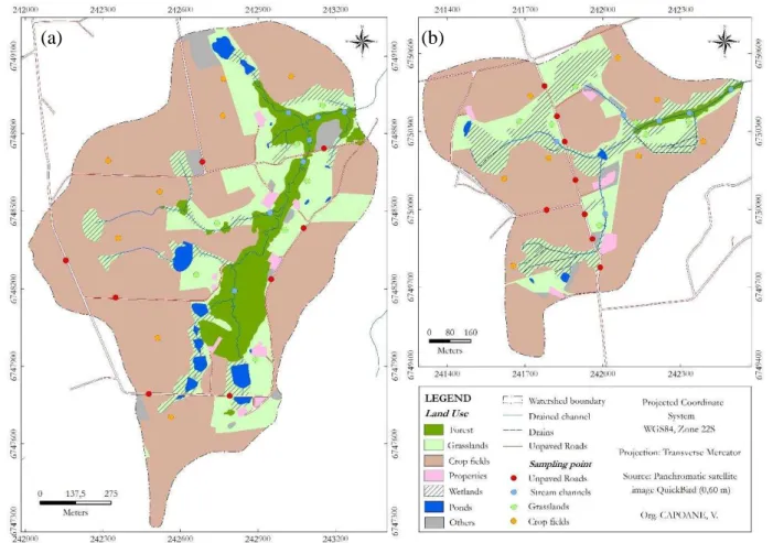 Figure 6  –  The land use and the sampling sites in the (a) JC140 and (b) JC80 catchments