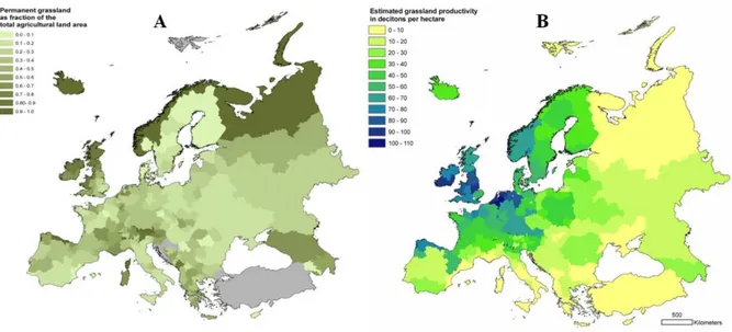 Figure 1 : Distribution spatiale des prairies, en termes de pourcentage de SAU (A), et de leur  productivité (B) en Europe, d’après  Smit et al.(2008)