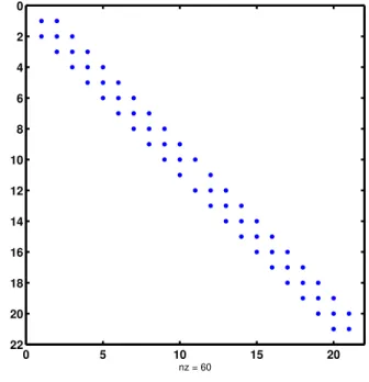Figure 5.1: The tridiagonal sparse matrix representation of 21 ⇥ 21 matrix for s = 10, with 60 nonzero values.