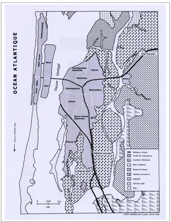 Fig. 1.2: Conﬁguration du tissu urbain de Saint Louis dans l’estuaire du Sénégal