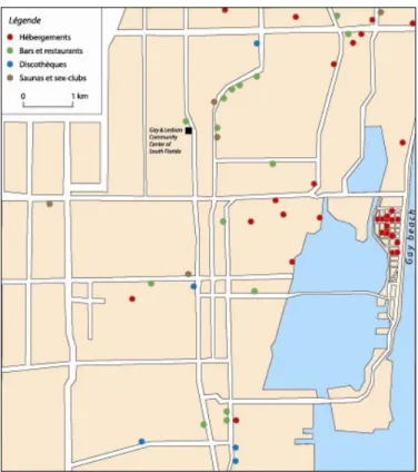 Fig. 8 : Localisation des commerces gays et lesbiens   dans le centre de Fort Lauderdale en 2007 